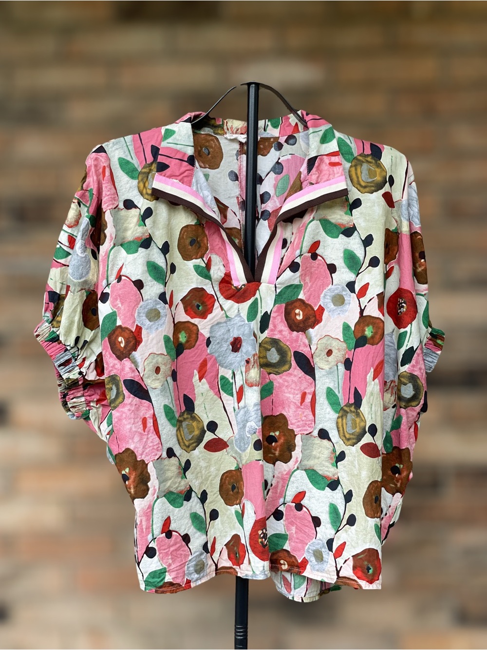 Entro Large Floral Dolman Sleeve Blouse Pink Striped Trim Boho